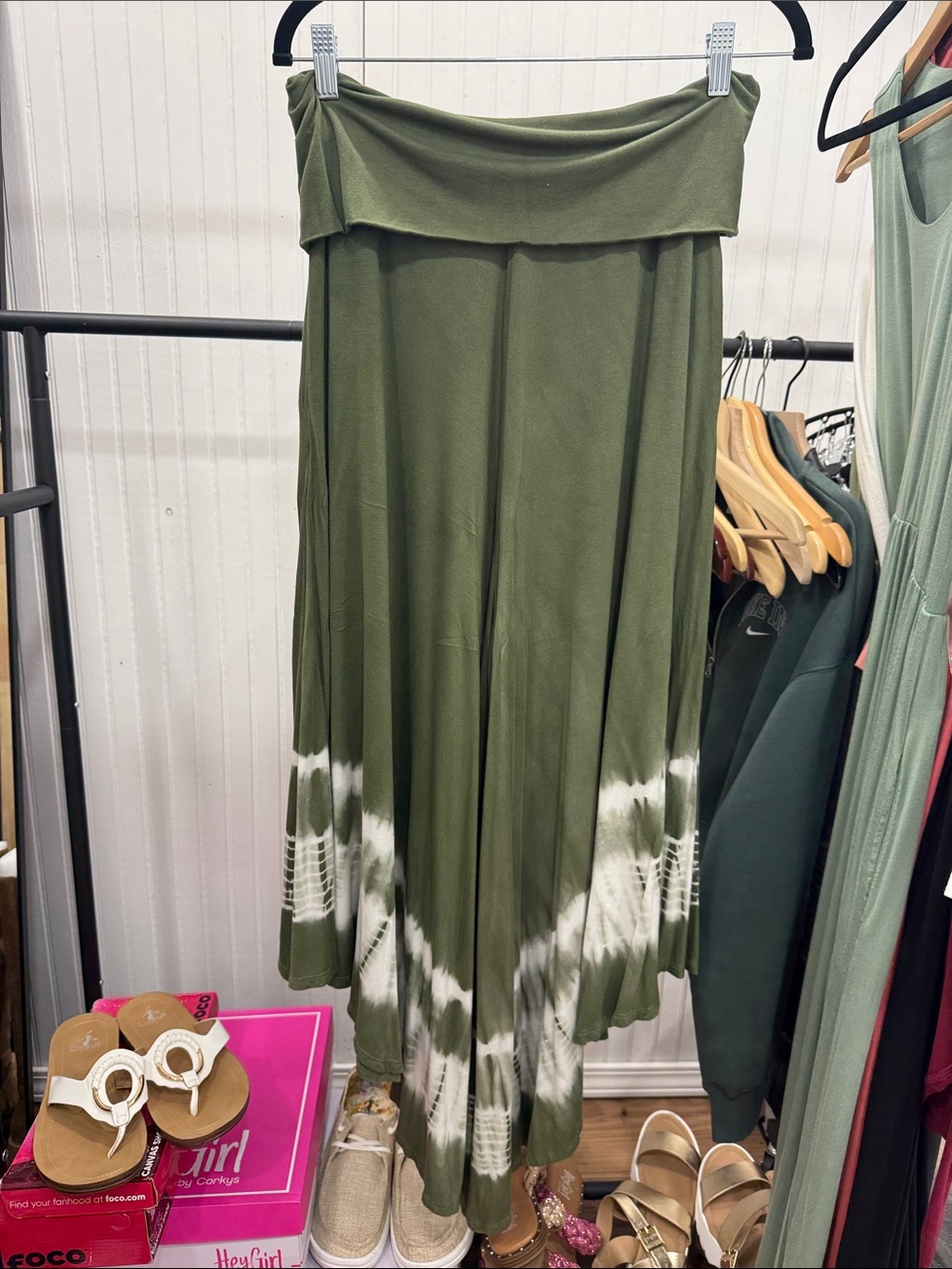 NWOT Fold-Over Waist Olive Maxi Gaucho pant with White Tie-Dye Hem